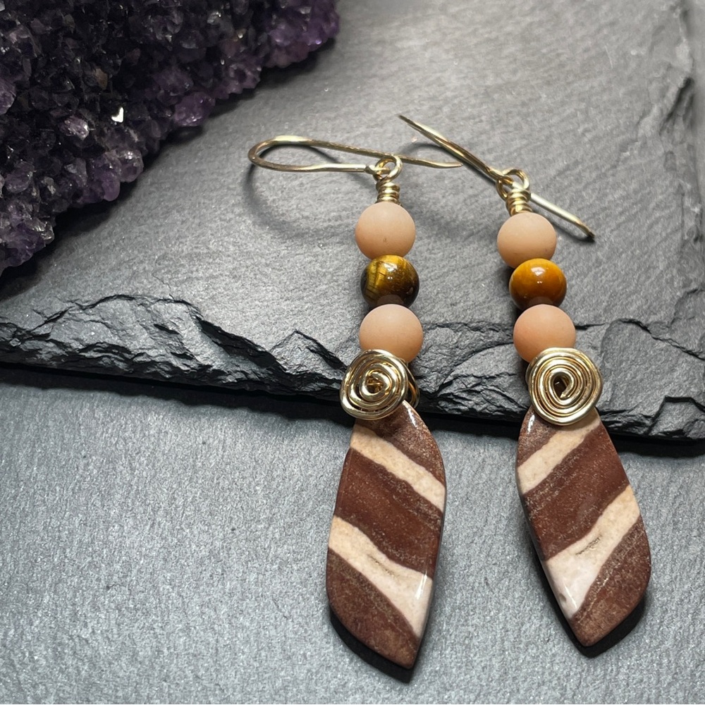 14k Gold Filled Wire Wrap
Zebra Jasper And Tiger’s Eye 
Gemstone Dangle Earrings - Picture 2 of 9